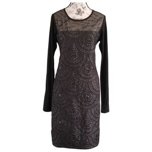 🇨🇦 Lux & Luster Black 3D Texture Midi Dress with Sheer Mesh Sleeves Size Medium